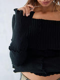 thanksgiving outfit Dodobye Women s Off-Shoulder Cropped Tops Ribbed Knit Long Sleeve Lettuce Edge Trims Sweater Slim Fitted Y2K Knitwear