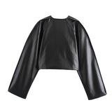 Black Friday Dodobye autumn new women's clothing faux leather round neck long sleeved jacket, high waisted straight leg pants fashion set