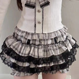 Dodobye Cute Soft Girl Style Gray White Checkered Lace Patchwork Short Skirt Bow Waist Cinching Patchwork Top Autumn Y2k Sets