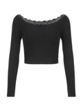 Dodobye-Off Shoulder Lace Splice Bow Decor Long Sleeve Tee