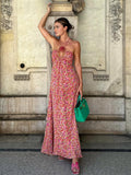 Dodobye Boho Floral Print Rosette Decor Halter Long Dress