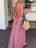 Dodobye Boho Floral Print Rosette Decor Halter Long Dress