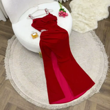 Dodobye Elegant Sheath Straps Burgundy Satin Silver Beads Slit Long Prom Dresses Formal Dress (PRE-ORDER)