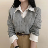 christmas outfit Dodobye Blouse Collar Fake Two-piece Cable Knit Sweater