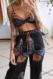 Dodobye Butterfly Print Twisted Crop Top & Wide Leg Pants Set