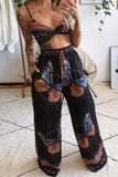 Dodobye Butterfly Print Twisted Crop Top & Wide Leg Pants Set