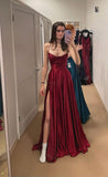 Dodobye Elegant A Line Spaghetti Straps Burgundy Long Slit Prom Dresses Formal Dress (PRE-ORDER)