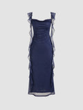 Dodobye Elegant Sheath Square Neckline Navy Blue Chiffon Ruffles Prom Dresses Formal Dress (PRE-ORDER)