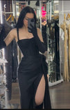 Dodobye Elegant Sheath Straps Black Satin Beads Slit Long Prom Dresses Formal Dress (PRE-ORDER)