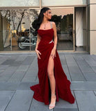 Dodobye Elegant Sheath Straps Burgundy Satin Silver Beads Slit Long Prom Dresses Formal Dress (PRE-ORDER)