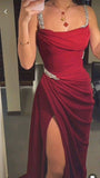 Dodobye Elegant Sheath Straps Burgundy Satin Silver Beads Slit Long Prom Dresses Formal Dress (PRE-ORDER)