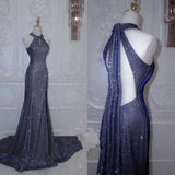 Dodobye Elegant Mermaid Halter Sequin Navy Blue Long Prom Dresses Formal Dress (PRE-ORDER)