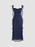 Dodobye Elegant Sheath Square Neckline Navy Blue Chiffon Ruffles Prom Dresses Formal Dress (PRE-ORDER)