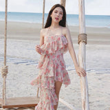 Dodobye   Irregular Ruffled Breast Wrap Strap Dress Women's  Spring Summer Midi Flower Halterneck  Boho Dress Beach Dress Sundress  Fairy Dress