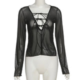 Dodobye Sexy Mesh See Through Full Sleeve Split Tshirt Transparent Crop Top Lace Up V Neck Gothic Grunge Emo Alt Streetwear Women