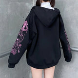 Dodobye Black Sweatshirt Zip-up Long Sleeve Oversize Hoodies Autumn Winter Coat Women Gothic Print Jackets Female Grunge Clothes