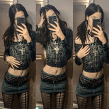 Dodobye Gothic Grunge Black T-shirt Retro Diamonds Graphic Print Full Sleeve Slim Fit Crop Top y2k Vintage Pullovers Tees Women