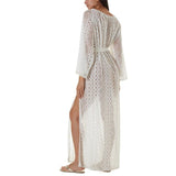 Dodobye Sexy See Through White Lace Summer Dress Beach Tunic Women Beachwear V-neck Long Sleeve Side Split Maxi Dress Sarongs Q965