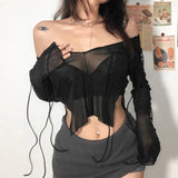 Dodobye Sexy Mesh See Through Full Sleeve Split Tshirt Transparent Crop Top Lace Up V Neck Gothic Grunge Emo Alt Streetwear Women