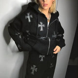 Dodobye Y2k Rhinestone Gothic Oversized Hoodies Women Men Hip Hop Joggers Sweatshirt Zipper Punk Jacket+Pant Suit Retro Tracksuit Outfit