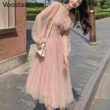 Dodobye  Sweet Elegant Fairy Dress Women Chic Mesh Long Sleeve V-Neck Lace Tulle Party Dresses Summer Female Gentle Midi Dress Vestidos