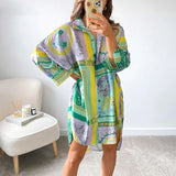 Dodobye Vintage Graphic Print Shirt Dress Sexy Women V Neck Long Sleeve Blue Green Loose Beach Syle Party Casual Mini Dresses Autumn