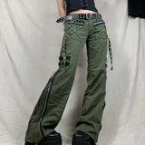 Dodobye y2k Grunge Green Zipper Jeans Bandage Low Waist Cargo Pants Gothic Punk Baggy Retro Kawaii Trousers Women Korean Sweatpants