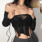 Dodobye Sexy Mesh See Through Full Sleeve Split Tshirt Transparent Crop Top Lace Up V Neck Gothic Grunge Emo Alt Streetwear Women