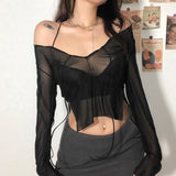 Dodobye Sexy Mesh See Through Full Sleeve Split Tshirt Transparent Crop Top Lace Up V Neck Gothic Grunge Emo Alt Streetwear Women