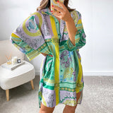 Dodobye Vintage Graphic Print Shirt Dress Sexy Women V Neck Long Sleeve Blue Green Loose Beach Syle Party Casual Mini Dresses Autumn