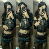 Dodobye Gothic Grunge Black T-shirt Retro Diamonds Graphic Print Full Sleeve Slim Fit Crop Top y2k Vintage Pullovers Tees Women