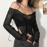 Dodobye Sexy Mesh See Through Full Sleeve Split Tshirt Transparent Crop Top Lace Up V Neck Gothic Grunge Emo Alt Streetwear Women