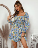 Dodobye Women Dress Elegant Square Collar Floral A-line Long Sleeve Dress Summer 2024 Printing Short Dress Petal Sleeve Boho Dress