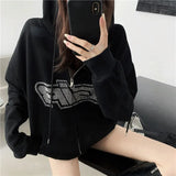 Dodobye Y2K Rhinestone Zipper Hoodies Women Fashion Solid Letter Printed Sweatshirts 2024 Autumn Casual Oversized Vintage Streetwear Top