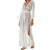 Dodobye Sexy See Through White Lace Summer Dress Beach Tunic Women Beachwear V-neck Long Sleeve Side Split Maxi Dress Sarongs Q965