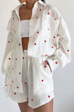 Dodobye Heart Print Ruffle Long Sleeve Shirt Two Piece Shorts Set