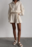 Dodobye Heart Print Ruffle Long Sleeve Shirt Two Piece Shorts Set