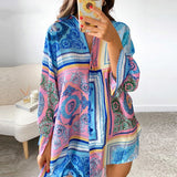 Dodobye Vintage Graphic Print Shirt Dress Sexy Women V Neck Long Sleeve Blue Green Loose Beach Syle Party Casual Mini Dresses Autumn