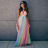 Dodobye 2024 New Sexy Long Dress Women Summer Clothes High Waist Sling Deep V-neck Rainbow Mesh Party Beach Dresses Women Streetwear Vestidos