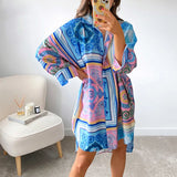 Dodobye Vintage Graphic Print Shirt Dress Sexy Women V Neck Long Sleeve Blue Green Loose Beach Syle Party Casual Mini Dresses Autumn