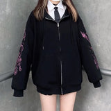 Dodobye Black Sweatshirt Zip-up Long Sleeve Oversize Hoodies Autumn Winter Coat Women Gothic Print Jackets Female Grunge Clothes