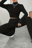 Dodobye Mock Neck Ribbed Knit Crop Top Wide Leg Long Pants Set