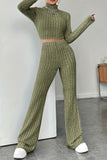 Dodobye Mock Neck Ribbed Knit Crop Top Wide Leg Long Pants Set