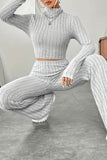 Dodobye Mock Neck Ribbed Knit Crop Top Wide Leg Long Pants Set