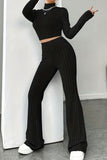 Dodobye Mock Neck Ribbed Knit Crop Top Wide Leg Long Pants Set