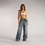 Dodobye 90s streetwear Style Zipper Denim Suspender Pants Women's Autumn Loose Casual Pocket Wide Leg Pants Women