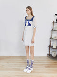 Dodobye Blue And White Rabbit Embroidered Pearl Retro Square Neck Dress