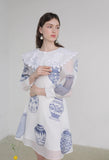 Dodobye Blue And White Porcelain Embroidered Large Lapel Long-Sleeved Dress