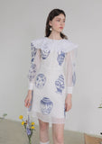 Dodobye Blue And White Porcelain Embroidered Large Lapel Long-Sleeved Dress