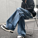 90s fashion men 2024 Autumn New American High Street Large Pocket Workwear Jeans Japanese Loose Straight Trousers